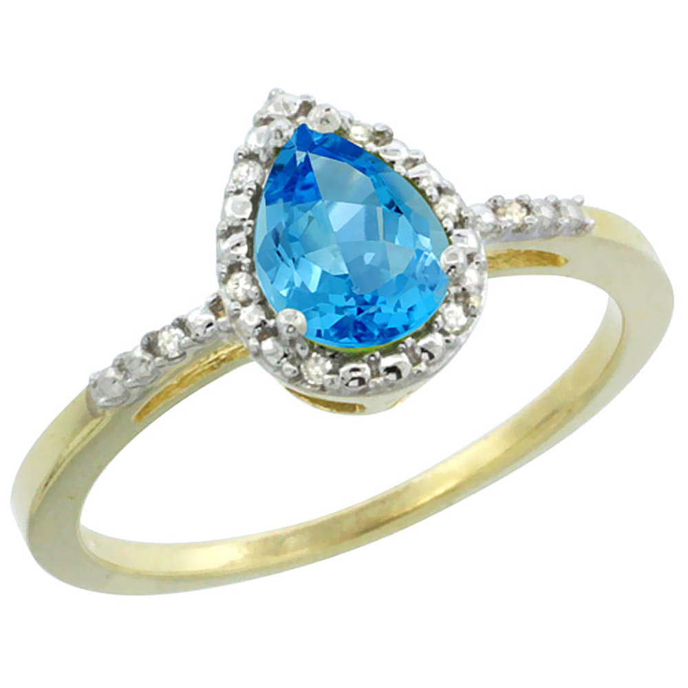 10K Yellow Gold Diamond Genuine Blue Topaz Ring Halo Pear 7x5mm sizes 5-10