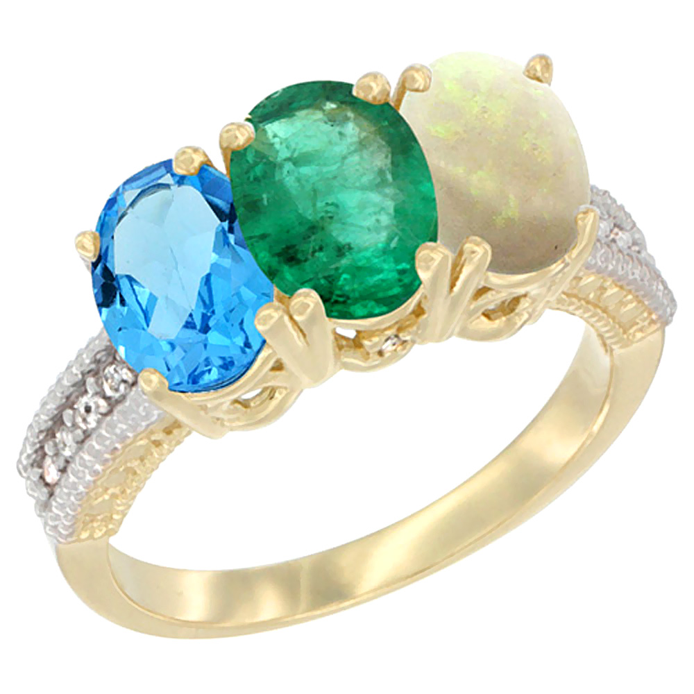 14K Yellow Gold Natural Swiss Blue Topaz, Emerald &amp; Opal Ring 3-Stone 7x5 mm Oval Diamond Accent, sizes 5 - 10