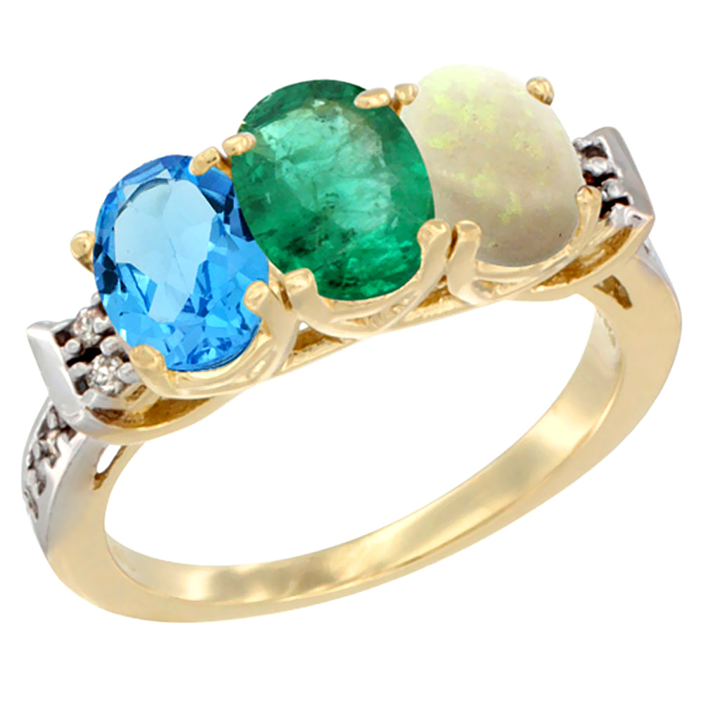 10K Yellow Gold Natural Swiss Blue Topaz, Emerald & Opal Ring 3-Stone Oval 7x5 mm Diamond Accent, sizes 5 - 10