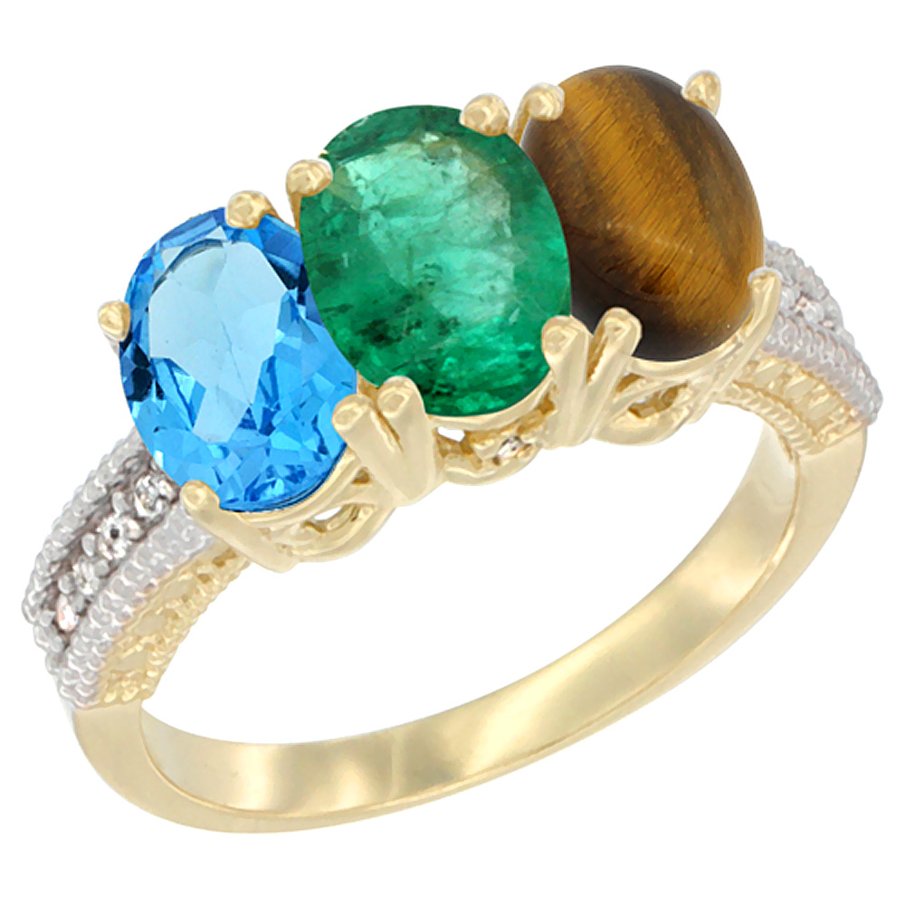 10K Yellow Gold Diamond Natural Swiss Blue Topaz, Emerald &amp; Tiger Eye Ring 3-Stone Oval 7x5 mm, sizes 5 - 10