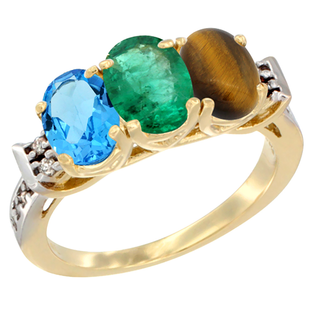 10K Yellow Gold Natural Swiss Blue Topaz, Emerald & Tiger Eye Ring 3-Stone Oval 7x5 mm Diamond Accent, sizes 5 - 10