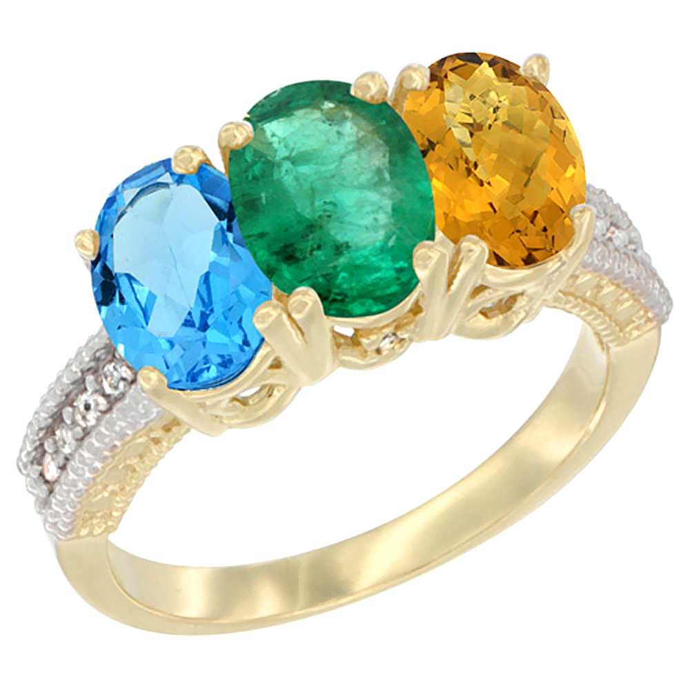 14K Yellow Gold Natural Swiss Blue Topaz, Emerald &amp; Whisky Quartz Ring 3-Stone 7x5 mm Oval Diamond Accent, sizes 5 - 10