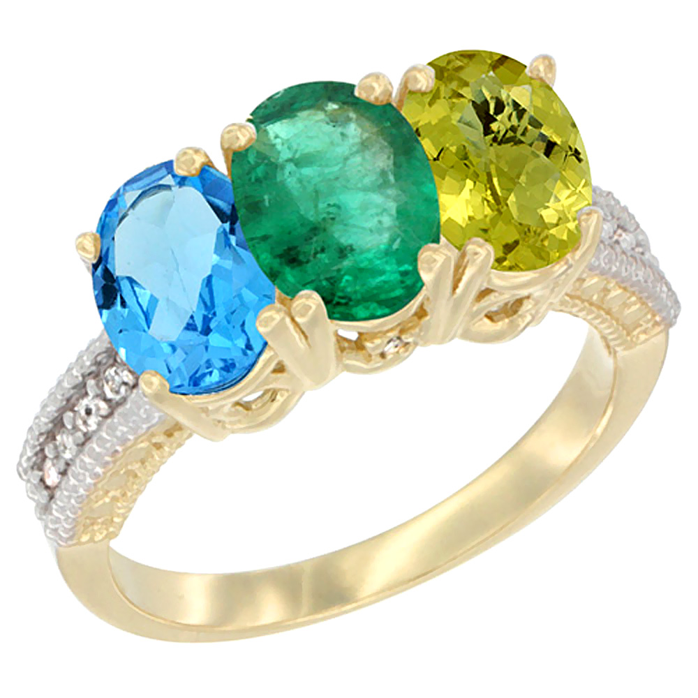 10K Yellow Gold Diamond Natural Swiss Blue Topaz, Emerald & Lemon Quartz Ring 3-Stone Oval 7x5 mm, sizes 5 - 10