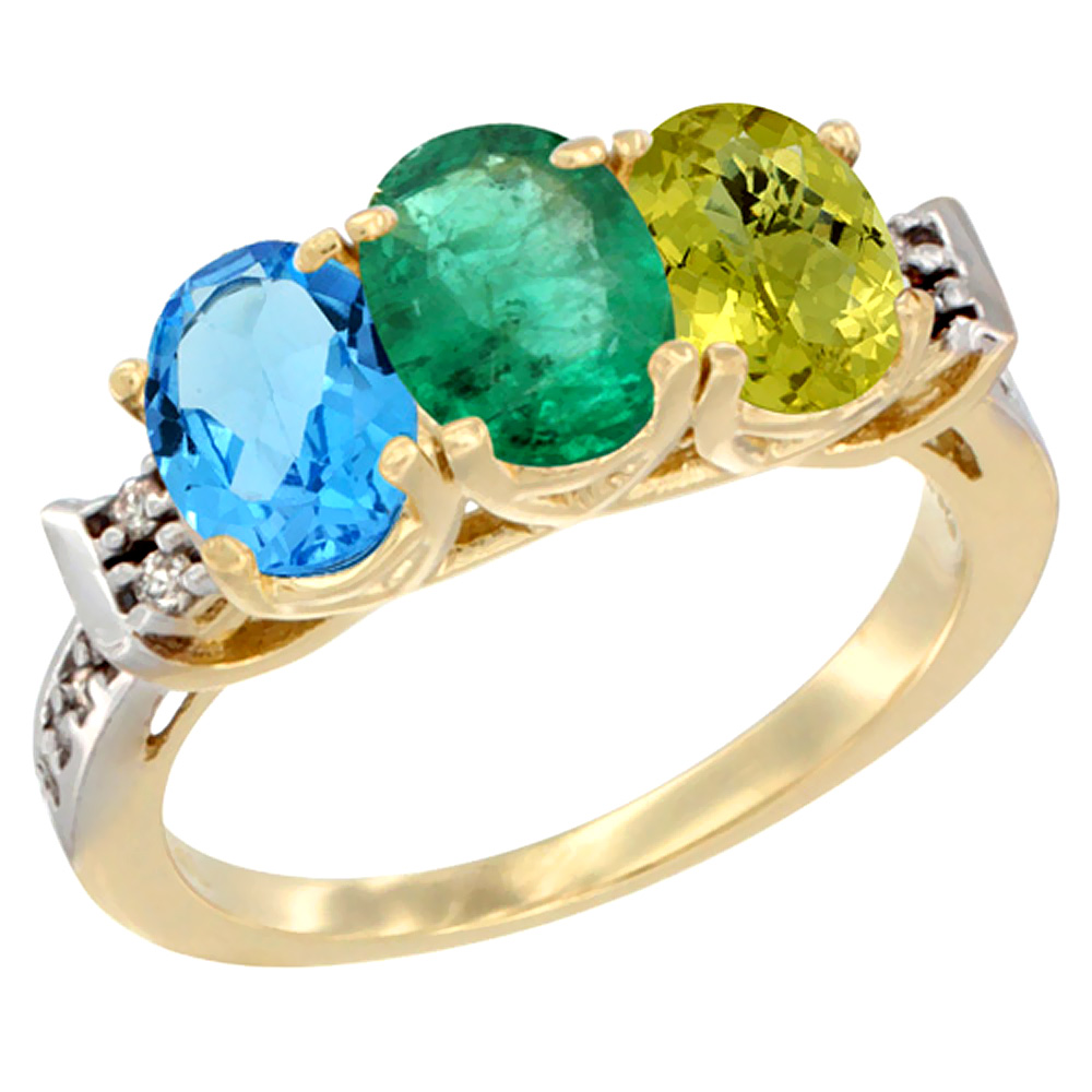 10K Yellow Gold Natural Swiss Blue Topaz, Emerald & Lemon Quartz Ring 3-Stone Oval 7x5 mm Diamond Accent, sizes 5 - 10