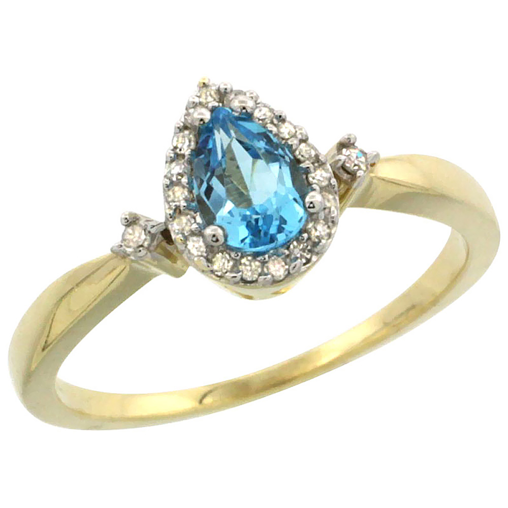 10K Yellow Gold Diamond Genuine Blue Topaz Ring Halo Pear 6x4mm sizes 5-10