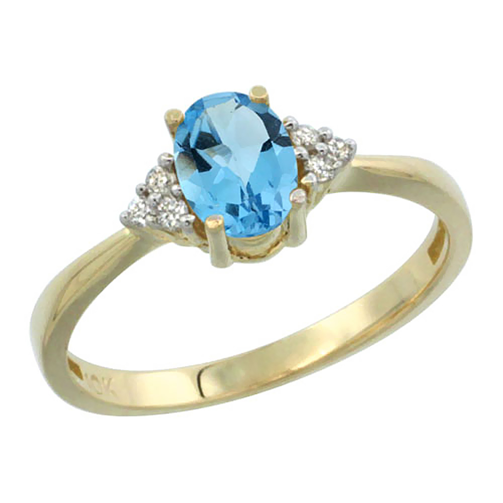 14K Yellow Gold Diamond Natural Swiss Blue Topaz Engagement Ring Oval 7x5mm, sizes 5-10