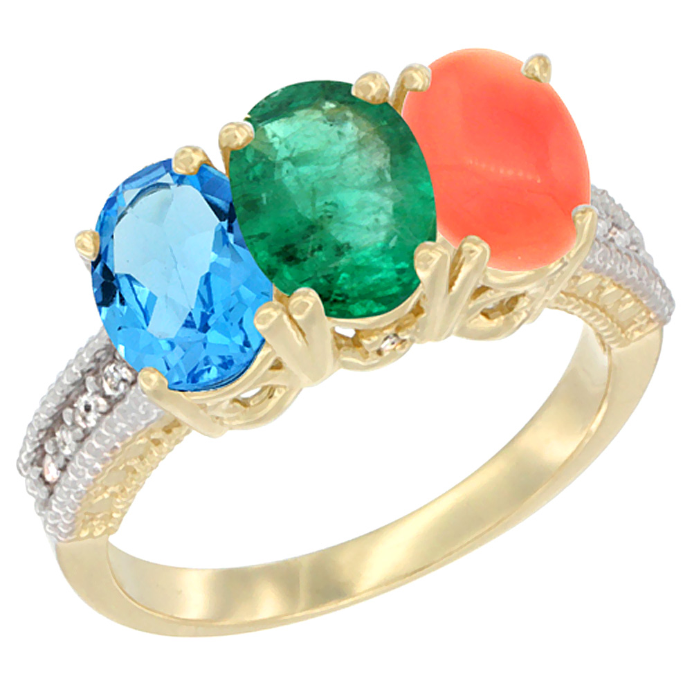 10K Yellow Gold Diamond Natural Swiss Blue Topaz, Emerald &amp; Coral Ring 3-Stone Oval 7x5 mm, sizes 5 - 10