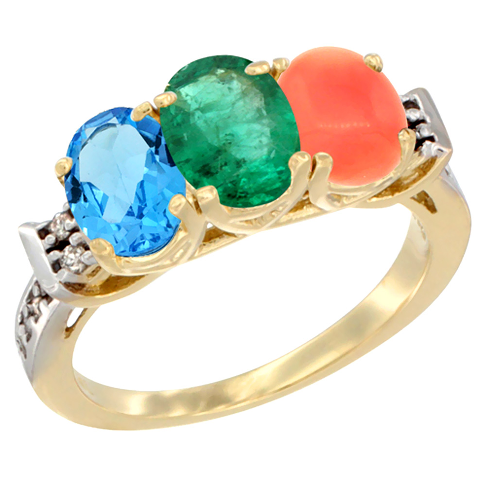 10K Yellow Gold Natural Swiss Blue Topaz, Emerald & Coral Ring 3-Stone Oval 7x5 mm Diamond Accent, sizes 5 - 10