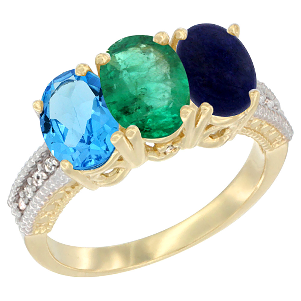 10K Yellow Gold Diamond Natural Swiss Blue Topaz, Emerald &amp; Lapis Ring 3-Stone Oval 7x5 mm, sizes 5 - 10