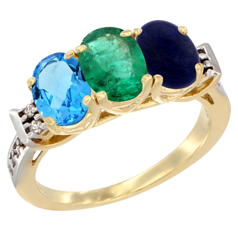 10K Yellow Gold Natural Swiss Blue Topaz, Emerald &amp; Lapis Ring 3-Stone Oval 7x5 mm Diamond Accent, sizes 5 - 10