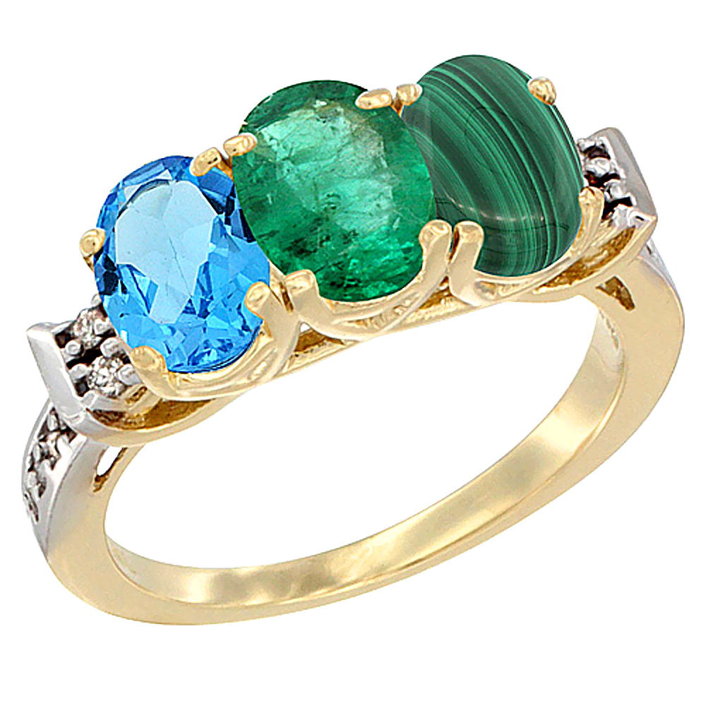 10K Yellow Gold Natural Swiss Blue Topaz, Emerald & Malachite Ring 3-Stone Oval 7x5 mm Diamond Accent, sizes 5 - 10