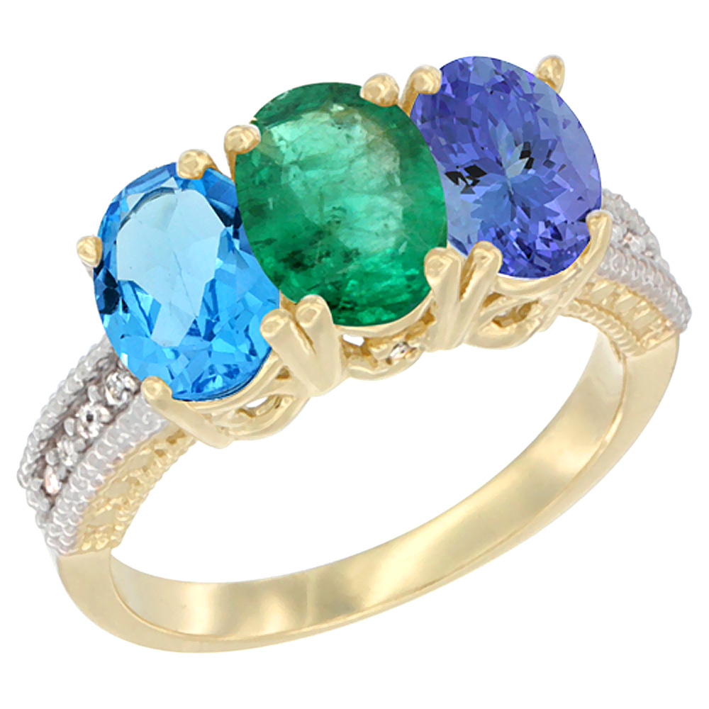 14K Yellow Gold Natural Swiss Blue Topaz, Emerald & Tanzanite Ring 3-Stone 7x5 mm Oval Diamond Accent, sizes 5 - 10
