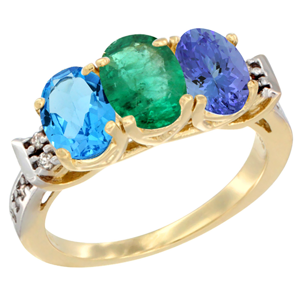10K Yellow Gold Natural Swiss Blue Topaz, Emerald &amp; Tanzanite Ring 3-Stone Oval 7x5 mm Diamond Accent, sizes 5 - 10