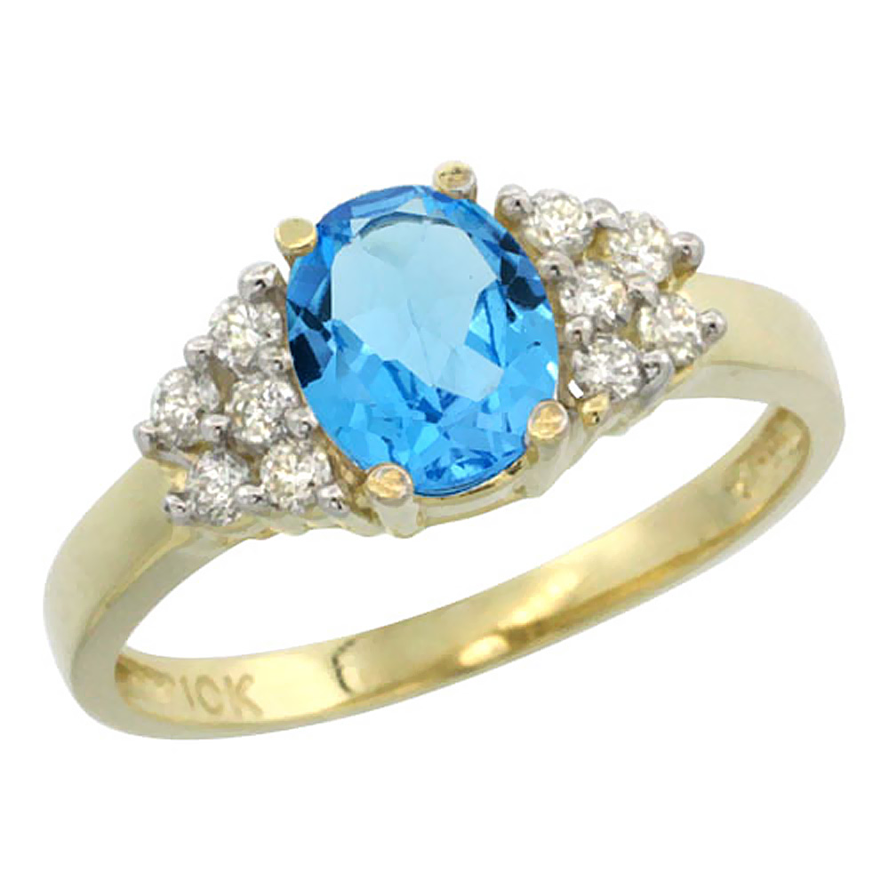 14K Yellow Gold Natural Swiss Blue Topaz Ring Oval 8x6mm Diamond Accent, sizes 5-10