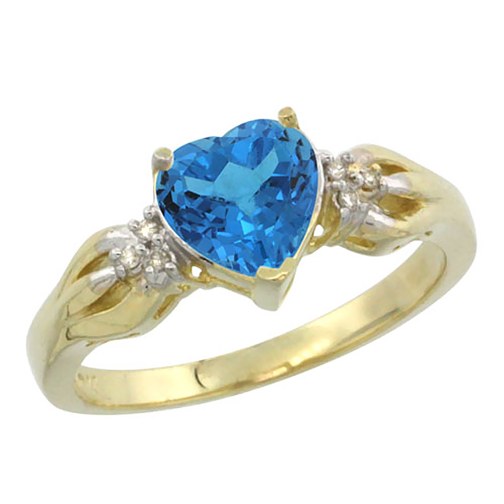 14K Yellow Gold Natural Swiss Blue Topaz Ring Heart-shape 7x7mm Diamond Accent, sizes 5-10