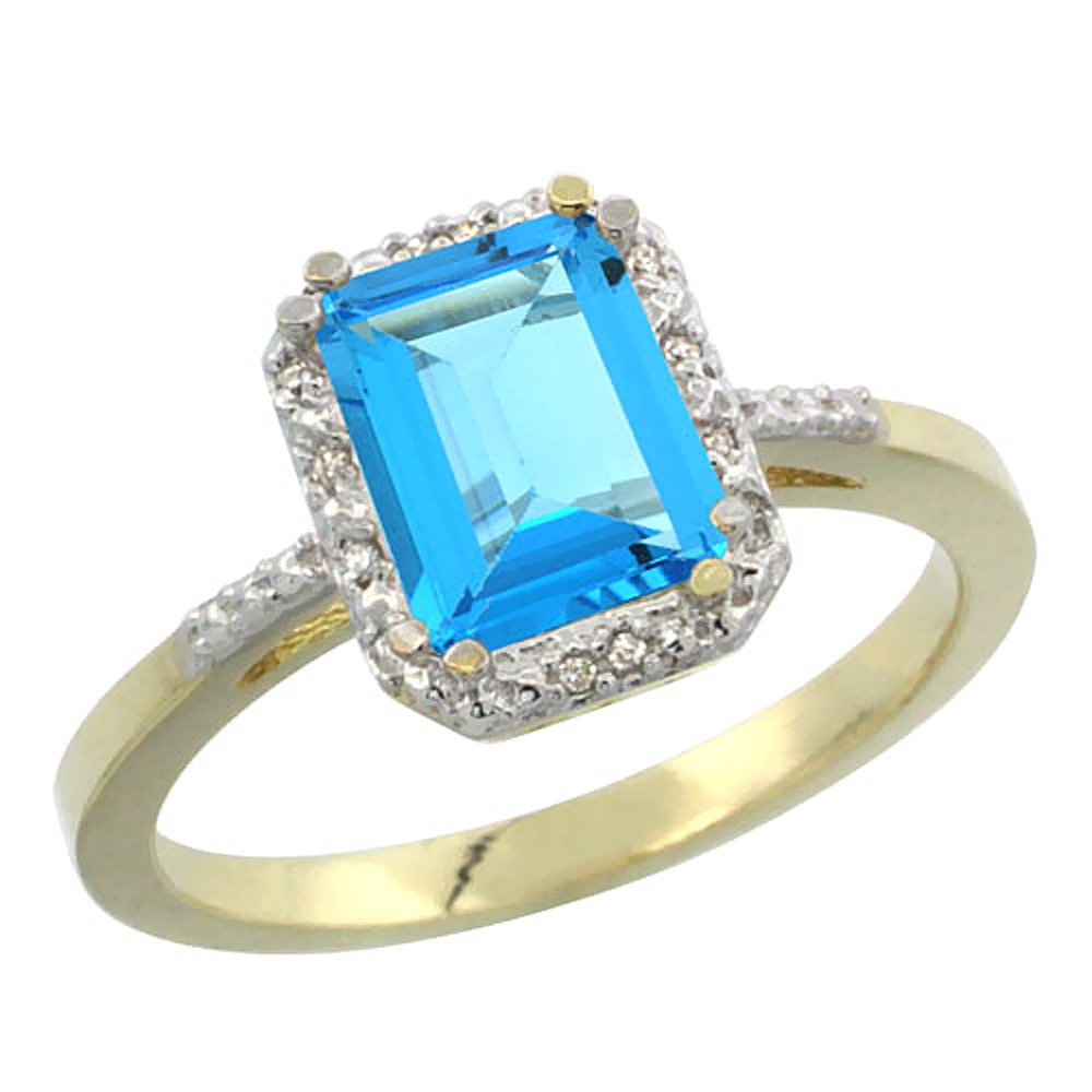 14K Yellow Gold Natural Swiss Blue Topaz Ring Emerald-shape 8x6mm Diamond Accent, sizes 5-10