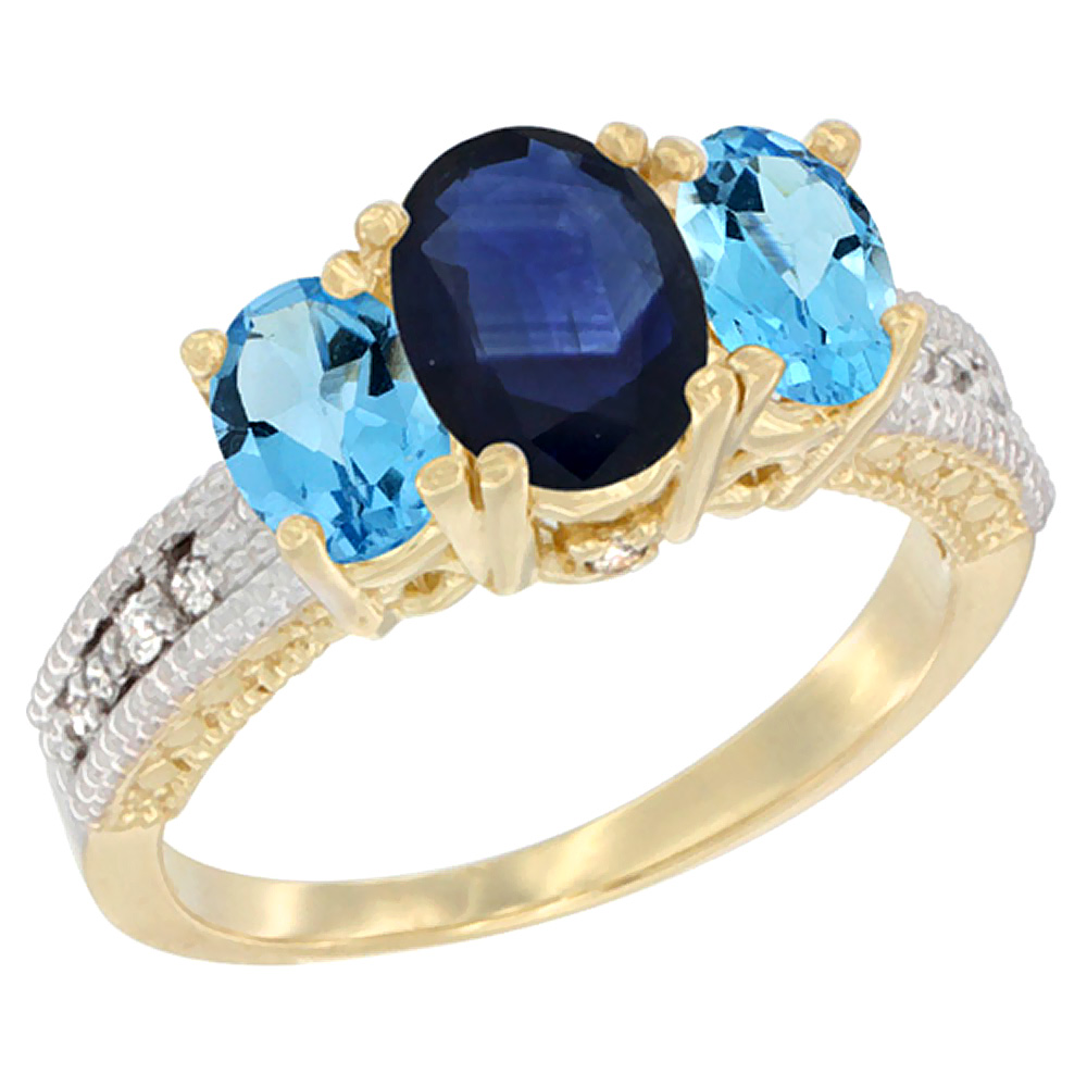 10K Yellow Gold Diamond Natural Blue Sapphire Ring Oval 3-stone with Swiss Blue Topaz, sizes 5 - 10