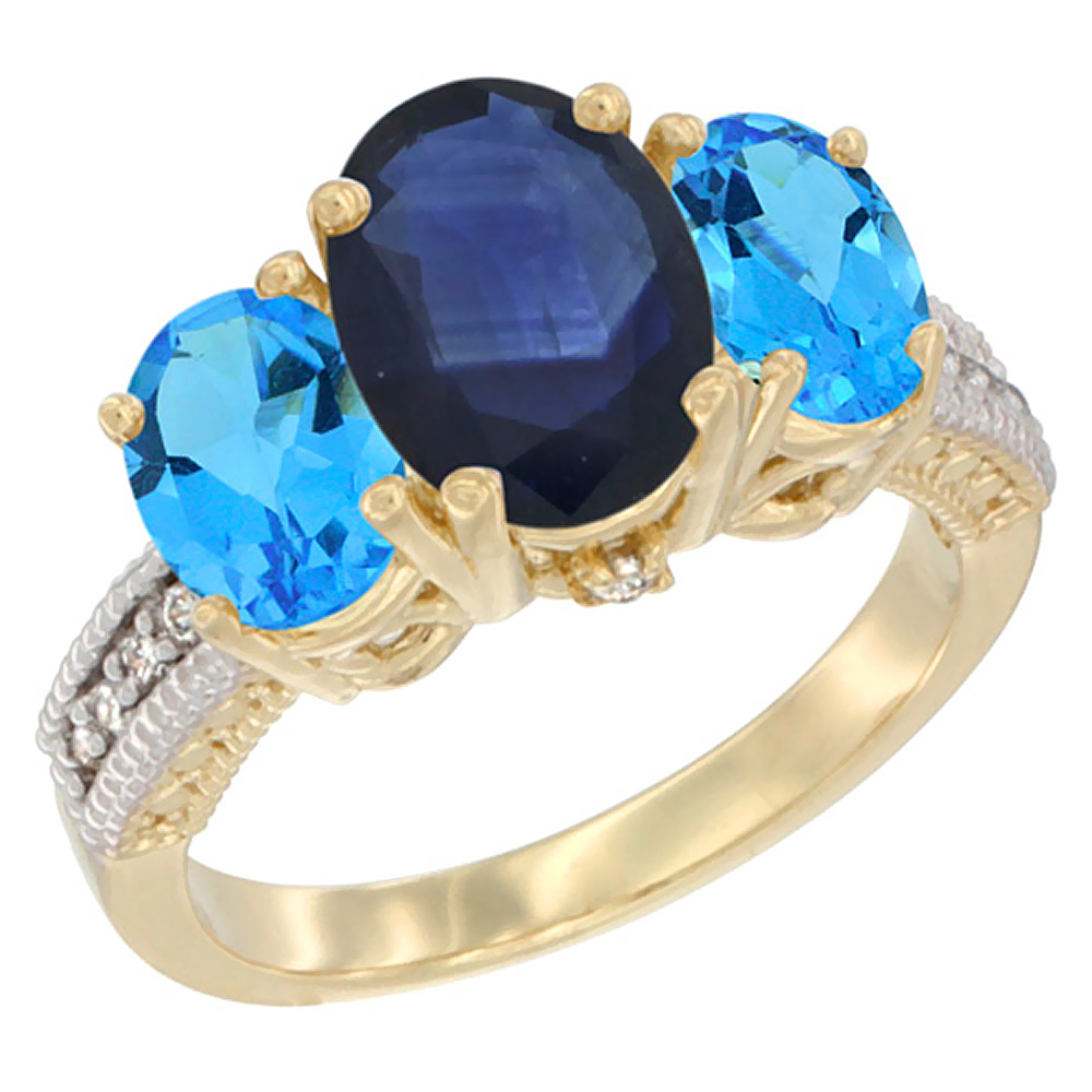 10K Yellow Gold Diamond Natural Blue Sapphire Ring 3-Stone Oval 8x6mm with Swiss Blue Topaz, sizes5-10