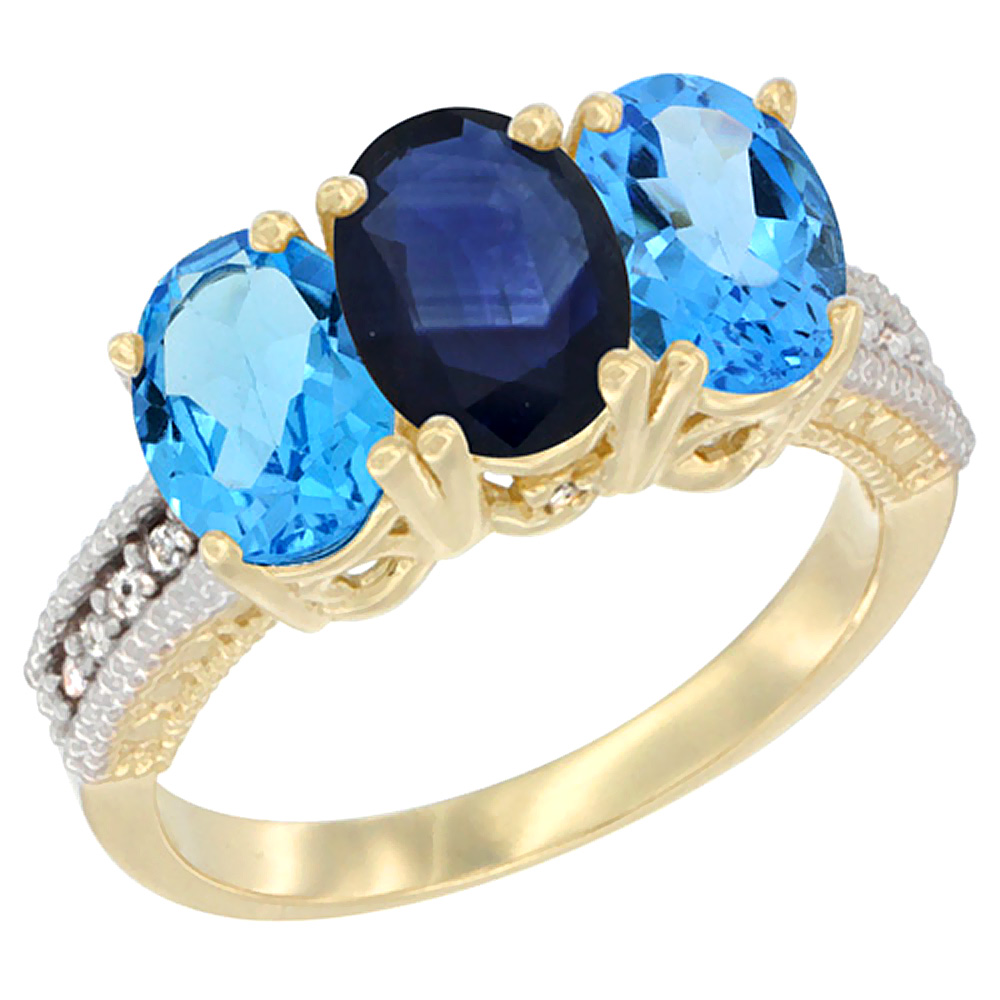 14K Yellow Gold Natural Blue Sapphire &amp; Swiss Blue Topaz Sides Ring 3-Stone 7x5 mm Oval Diamond Accent, sizes 5 - 10