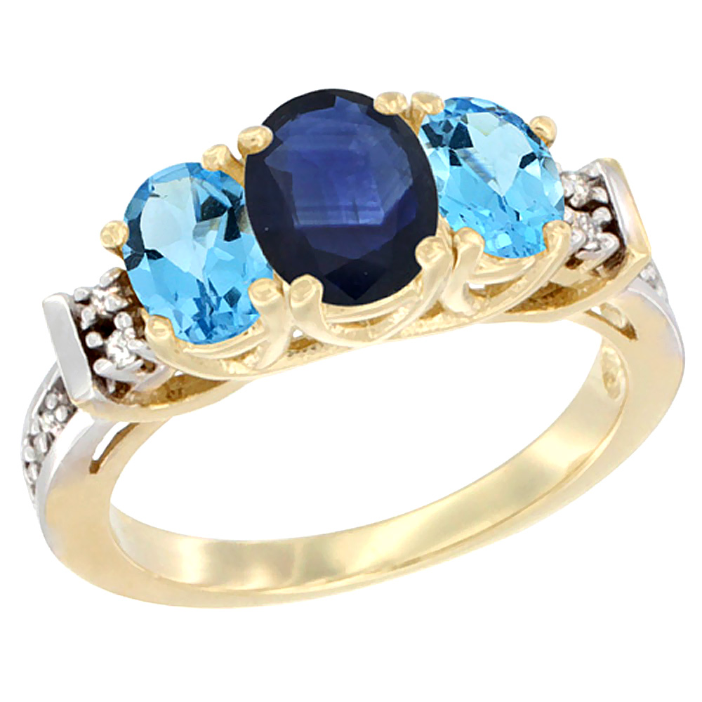 14K Yellow Gold Natural Blue Sapphire & Swiss Blue Topaz Ring 3-Stone Oval Diamond Accent