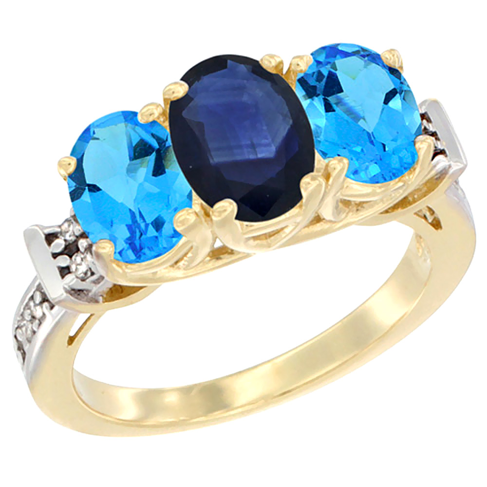 14K Yellow Gold Natural Blue Sapphire &amp; Swiss Blue Topaz Sides Ring 3-Stone Oval Diamond Accent, sizes 5 - 10
