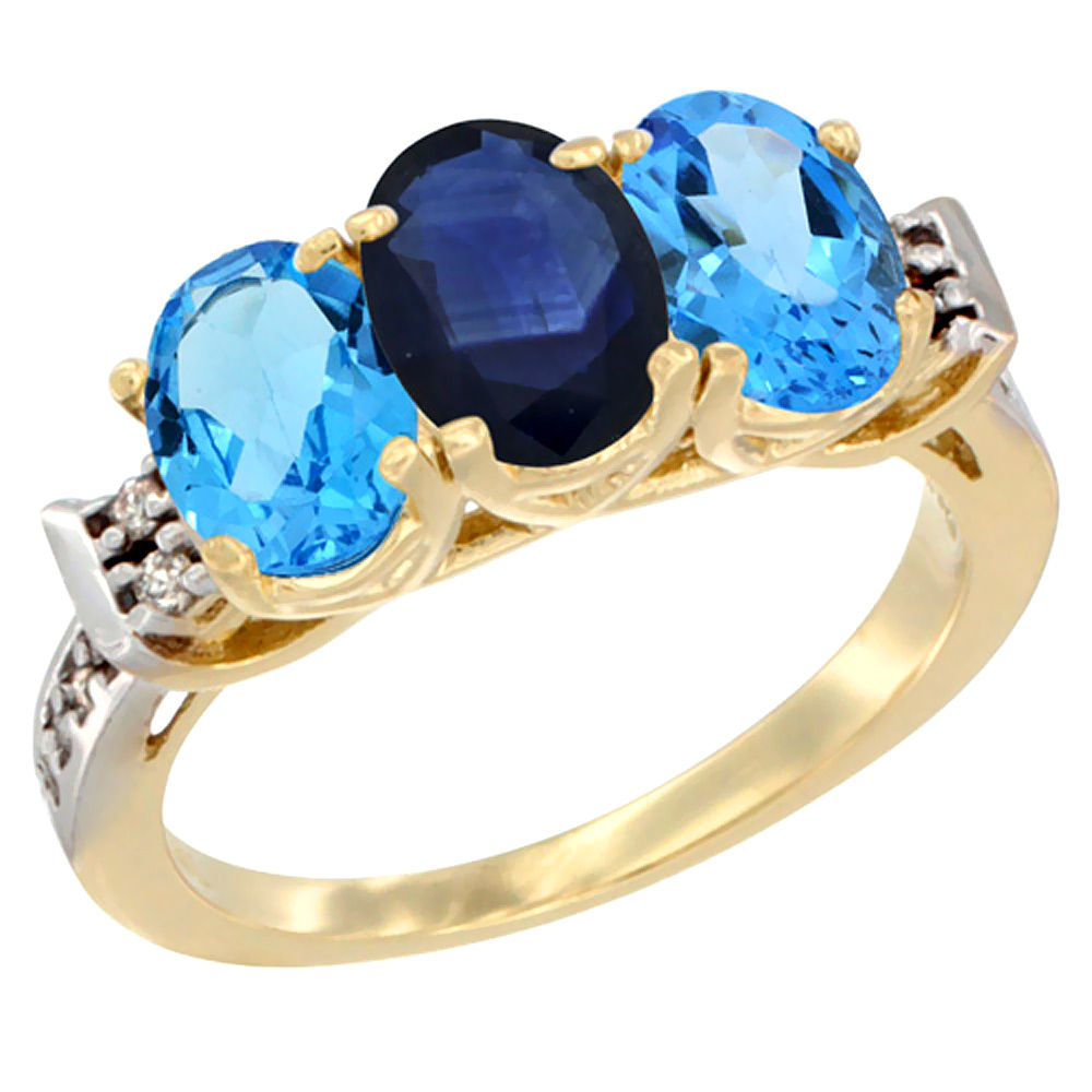 10K Yellow Gold Natural Blue Sapphire & Swiss Blue Topaz Sides Ring 3-Stone Oval 7x5 mm Diamond Accent, sizes 5 - 10