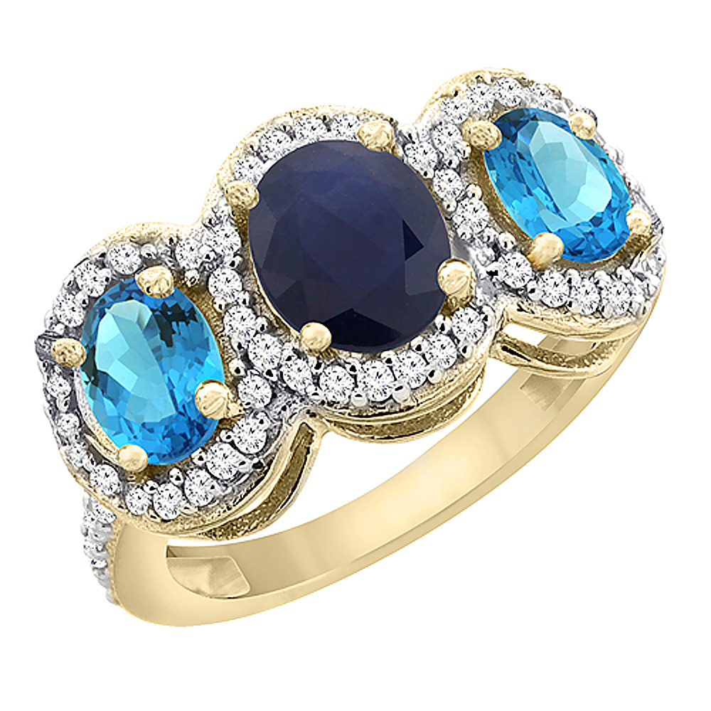 14K Yellow Gold Natural Blue Sapphire &amp; Swiss Blue Topaz 3-Stone Ring Oval Diamond Accent, sizes 5 - 10