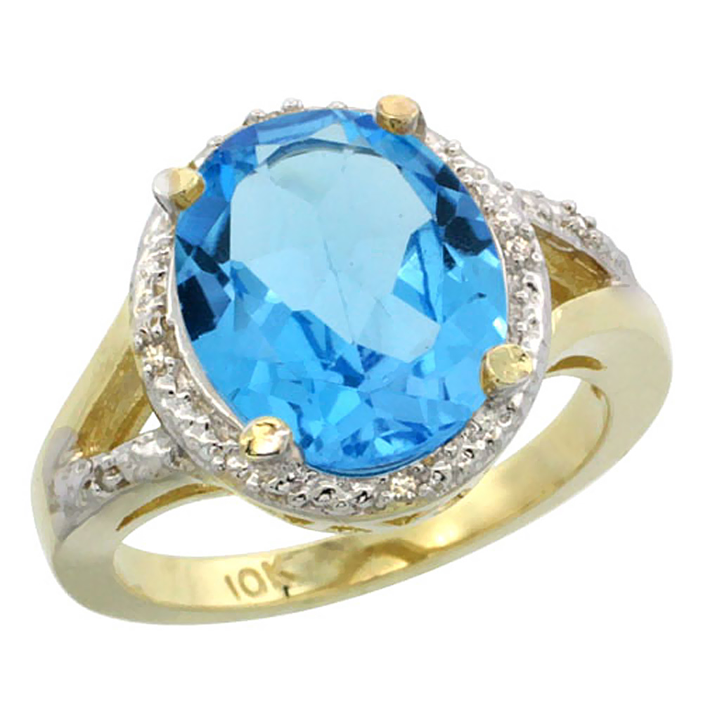 14K Yellow Gold Natural Swiss Blue Topaz Ring Oval 12x10mm Diamond Accent, sizes 5-10
