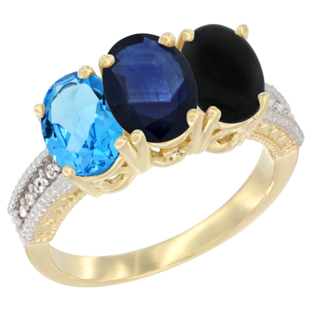 14K Yellow Gold Natural Swiss Blue Topaz, Blue Sapphire &amp; Black Onyx Ring 3-Stone 7x5 mm Oval Diamond Accent, sizes 5 - 10