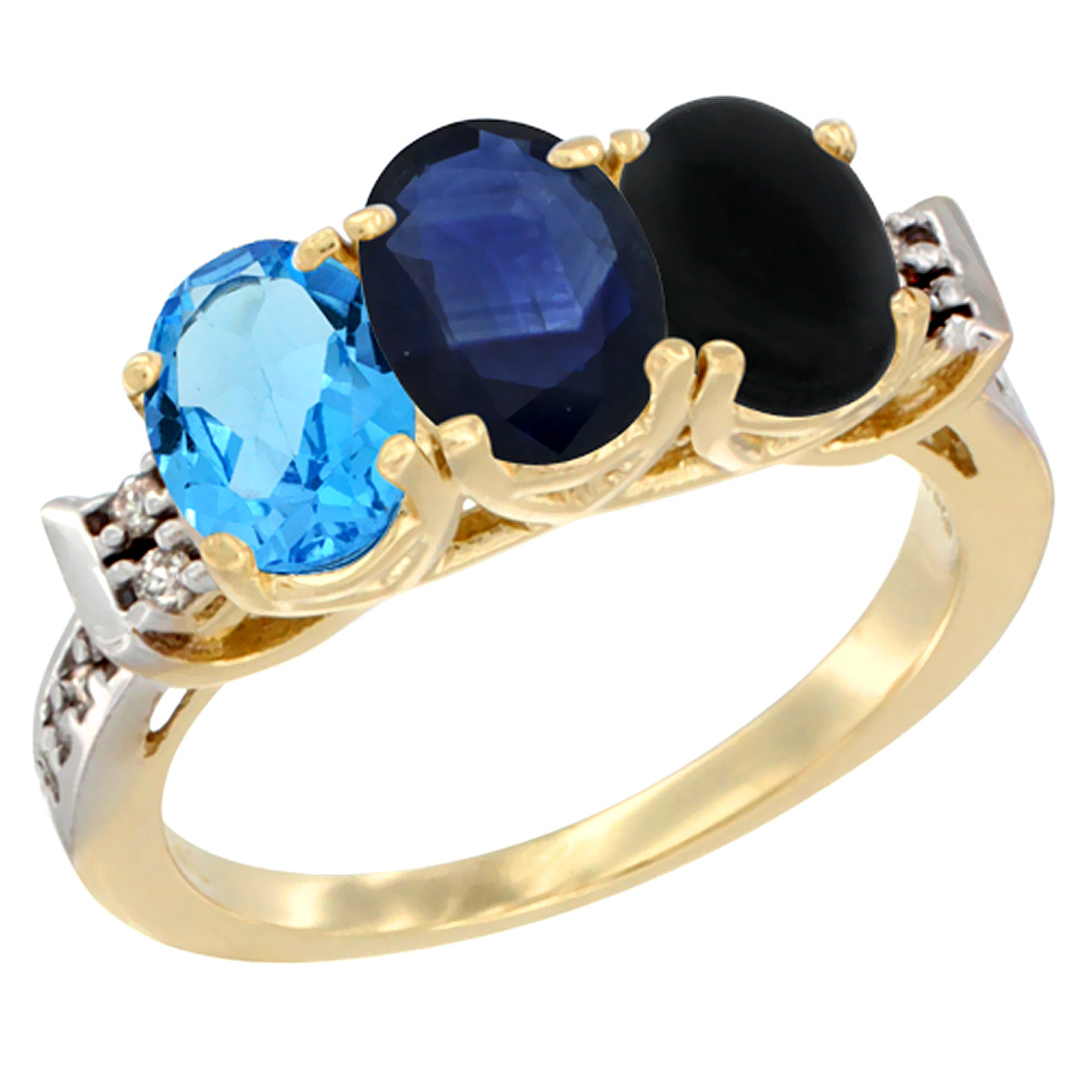 10K Yellow Gold Natural Swiss Blue Topaz, Blue Sapphire &amp; Black Onyx Ring 3-Stone Oval 7x5 mm Diamond Accent, sizes 5 - 10