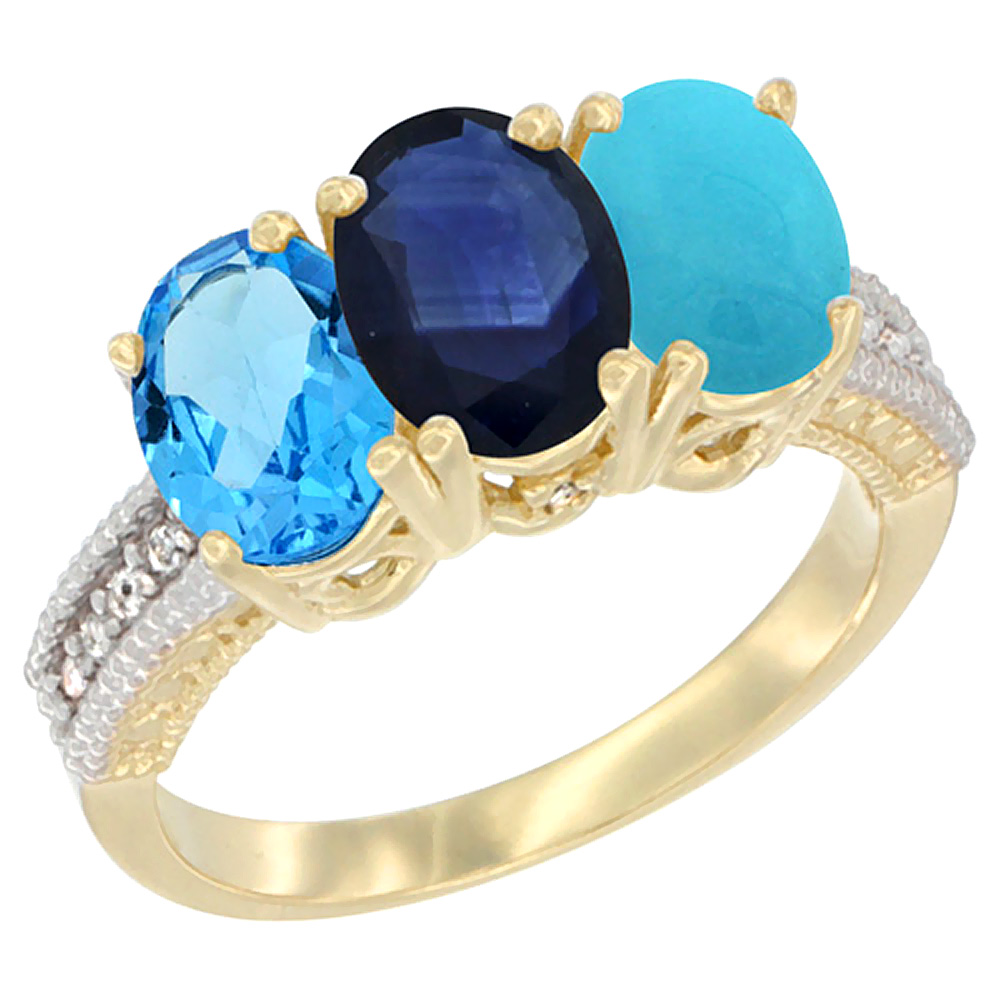 10K Yellow Gold Diamond Natural Swiss Blue Topaz, Blue Sapphire & Turquoise Ring 3-Stone Oval 7x5 mm, sizes 5 - 10