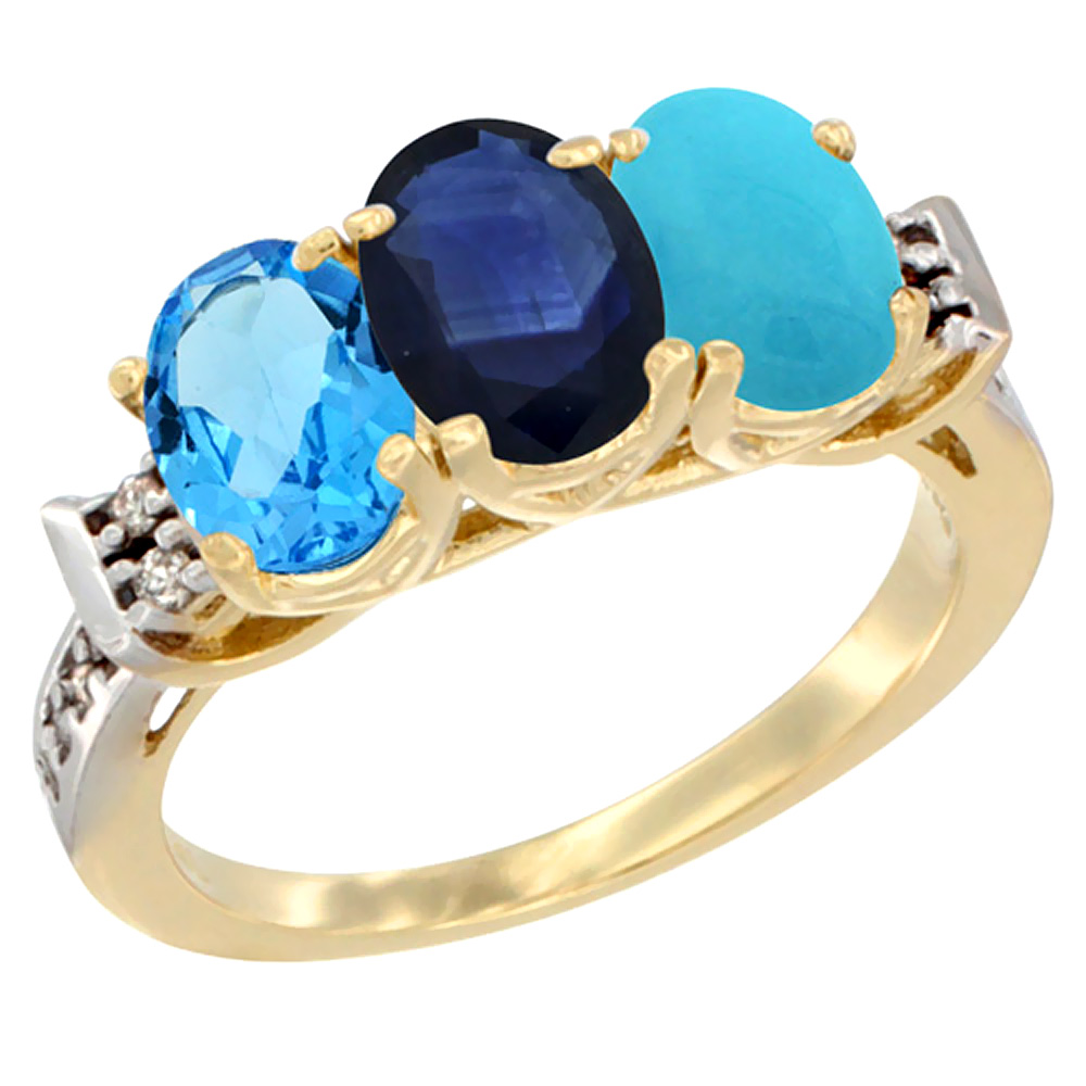 10K Yellow Gold Natural Swiss Blue Topaz, Blue Sapphire & Turquoise Ring 3-Stone Oval 7x5 mm Diamond Accent, sizes 5 - 10