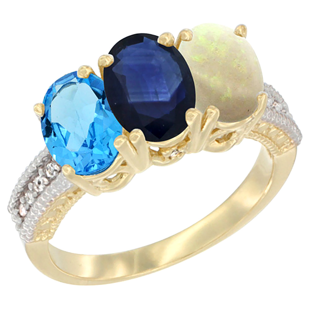 14K Yellow Gold Natural Swiss Blue Topaz, Blue Sapphire &amp; Opal Ring 3-Stone 7x5 mm Oval Diamond Accent, sizes 5 - 10