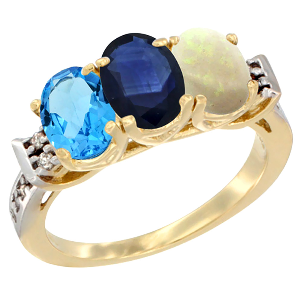 10K Yellow Gold Natural Swiss Blue Topaz, Blue Sapphire & Opal Ring 3-Stone Oval 7x5 mm Diamond Accent, sizes 5 - 10