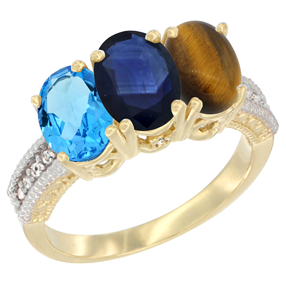 14K Yellow Gold Natural Swiss Blue Topaz, Blue Sapphire & Tiger Eye Ring 3-Stone 7x5 mm Oval Diamond Accent, sizes 5 - 10