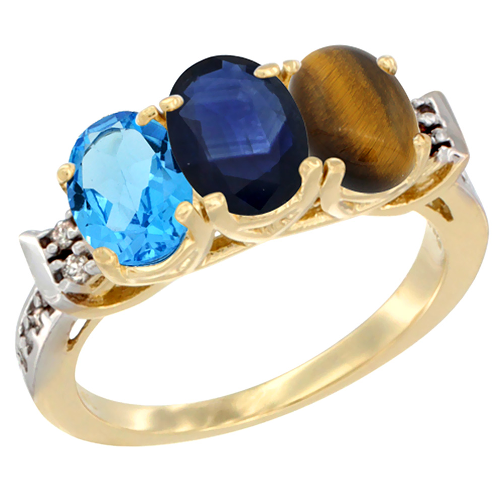 10K Yellow Gold Natural Swiss Blue Topaz, Blue Sapphire & Tiger Eye Ring 3-Stone Oval 7x5 mm Diamond Accent, sizes 5 - 10