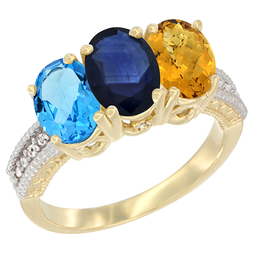 10K Yellow Gold Diamond Natural Swiss Blue Topaz, Blue Sapphire & Whisky Quartz Ring 3-Stone Oval 7x5 mm, sizes 5 - 10