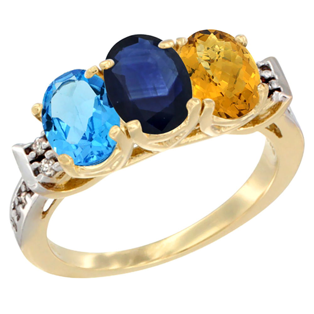 10K Yellow Gold Natural Swiss Blue Topaz, Blue Sapphire &amp; Whisky Quartz Ring 3-Stone Oval 7x5 mm Diamond Accent, sizes 5 - 10