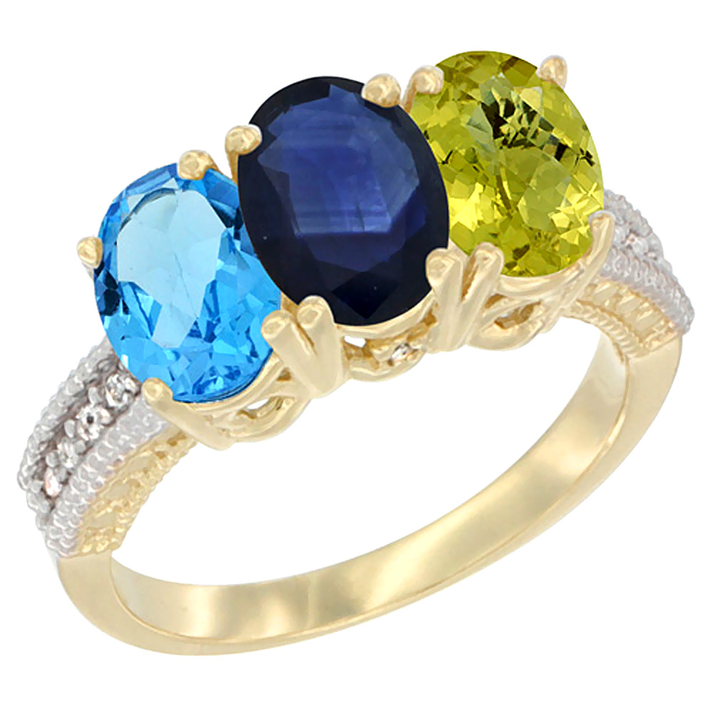 10K Yellow Gold Diamond Natural Swiss Blue Topaz, Blue Sapphire &amp; Lemon Quartz Ring 3-Stone Oval 7x5 mm, sizes 5 - 10