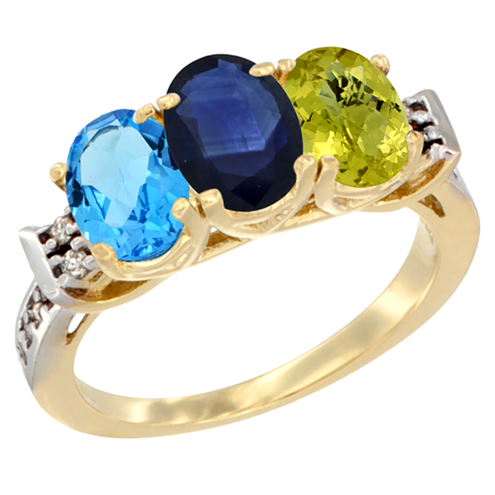 10K Yellow Gold Natural Swiss Blue Topaz, Blue Sapphire & Lemon Quartz Ring 3-Stone Oval 7x5 mm Diamond Accent, sizes 5 - 10