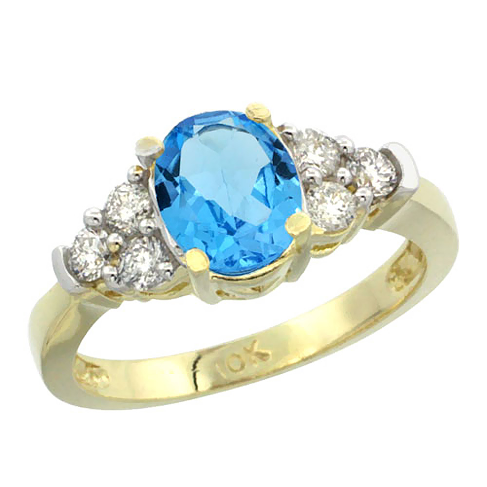 14K Yellow Gold Natural Swiss Blue Topaz Ring Oval 9x7mm Diamond Accent, sizes 5-10