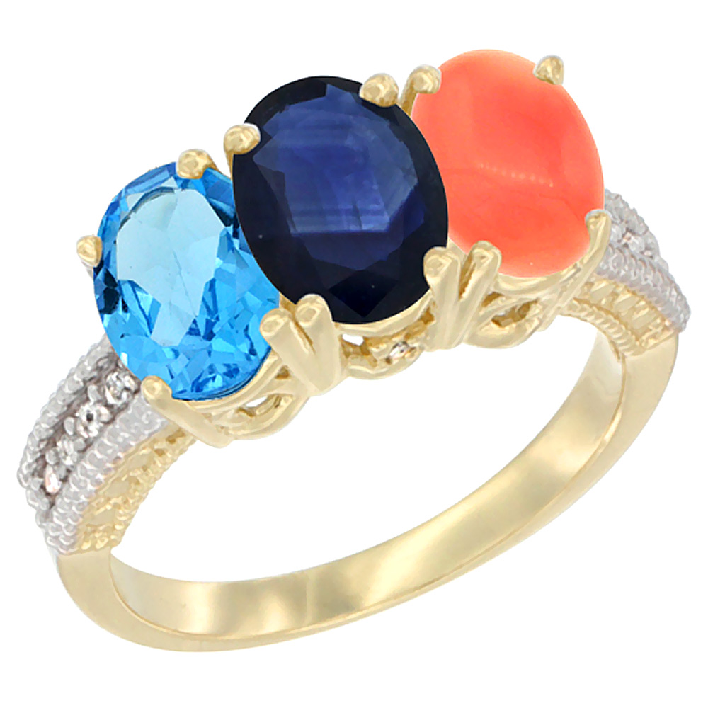 14K Yellow Gold Natural Swiss Blue Topaz, Blue Sapphire & Coral Ring 3-Stone 7x5 mm Oval Diamond Accent, sizes 5 - 10