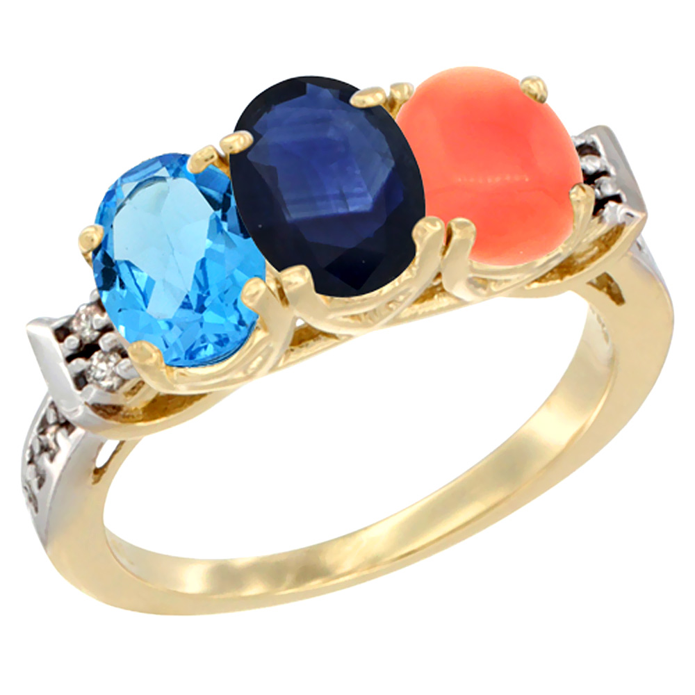 10K Yellow Gold Natural Swiss Blue Topaz, Blue Sapphire &amp; Coral Ring 3-Stone Oval 7x5 mm Diamond Accent, sizes 5 - 10