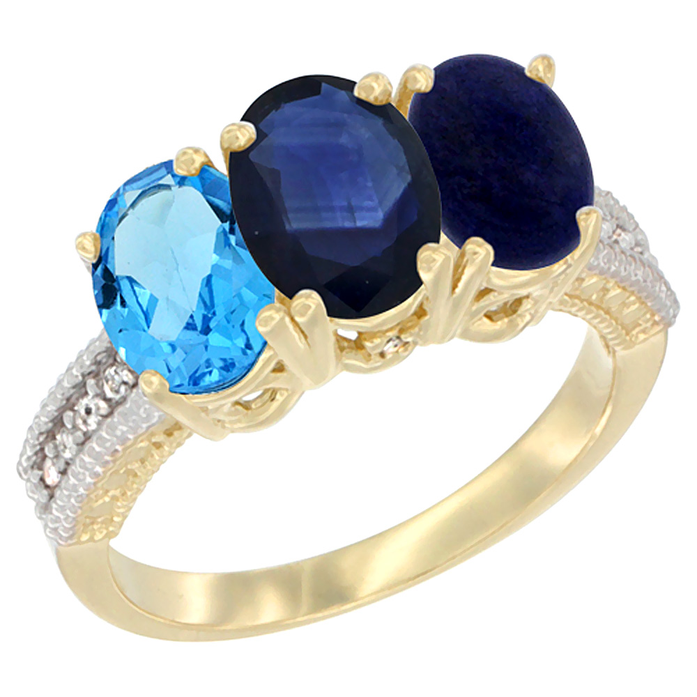 10K Yellow Gold Diamond Natural Swiss Blue Topaz, Blue Sapphire &amp; Lapis Ring 3-Stone Oval 7x5 mm, sizes 5 - 10