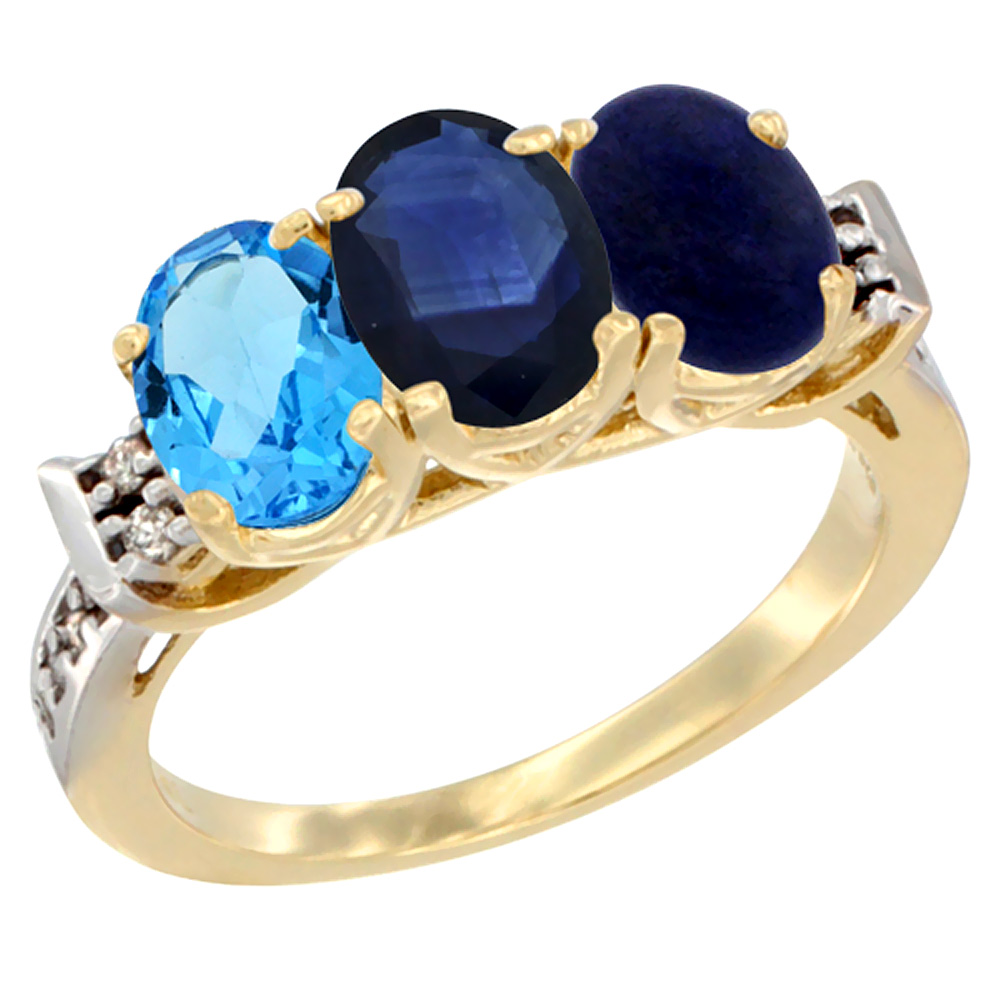 10K Yellow Gold Natural Swiss Blue Topaz, Blue Sapphire & Lapis Ring 3-Stone Oval 7x5 mm Diamond Accent, sizes 5 - 10