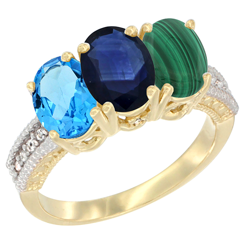 14K Yellow Gold Natural Swiss Blue Topaz, Blue Sapphire & Malachite Ring 3-Stone 7x5 mm Oval Diamond Accent, sizes 5 - 10