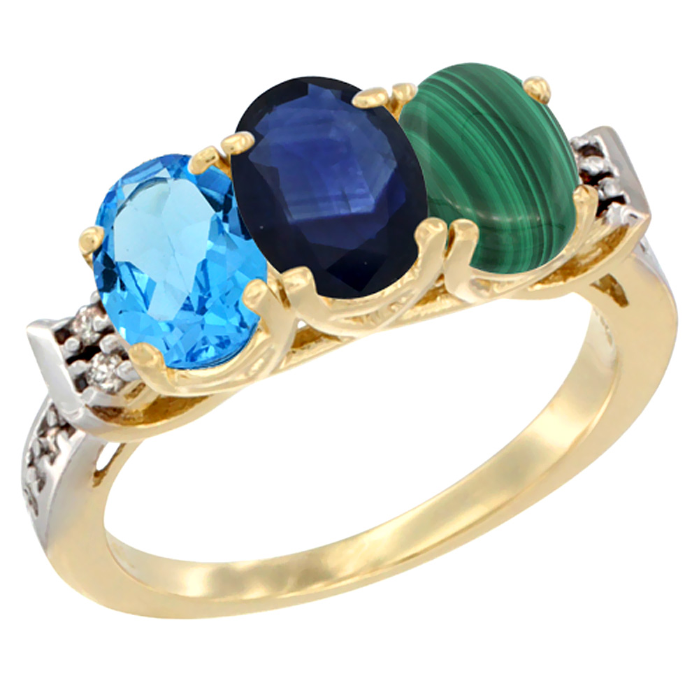 14K Yellow Gold Natural Swiss Blue Topaz, Blue Sapphire & Malachite Ring 3-Stone 7x5 mm Oval Diamond Accent, sizes 5 - 10