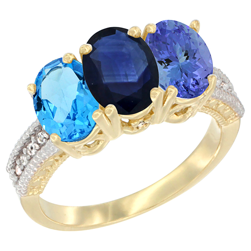 14K Yellow Gold Natural Swiss Blue Topaz, Blue Sapphire &amp; Tanzanite Ring 3-Stone 7x5 mm Oval Diamond Accent, sizes 5 - 10