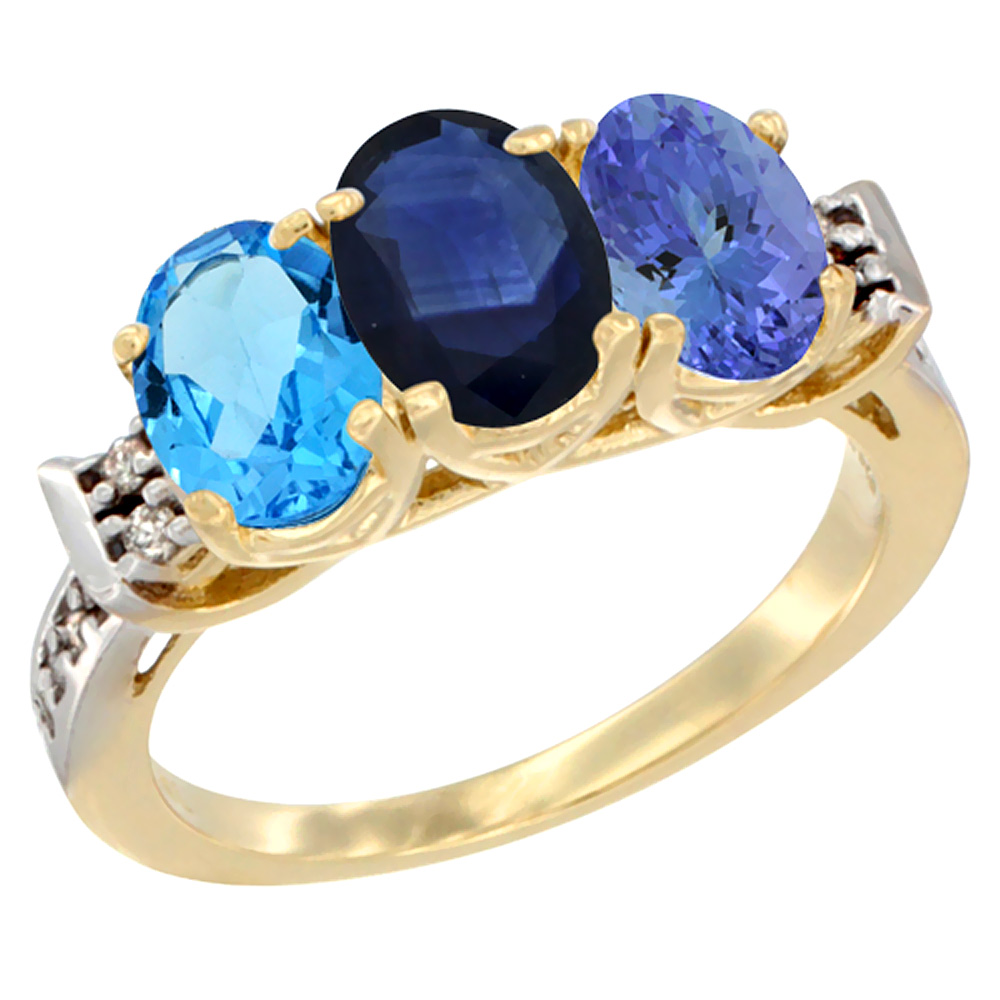 10K Yellow Gold Natural Swiss Blue Topaz, Blue Sapphire & Tanzanite Ring 3-Stone Oval 7x5 mm Diamond Accent, sizes 5 - 10