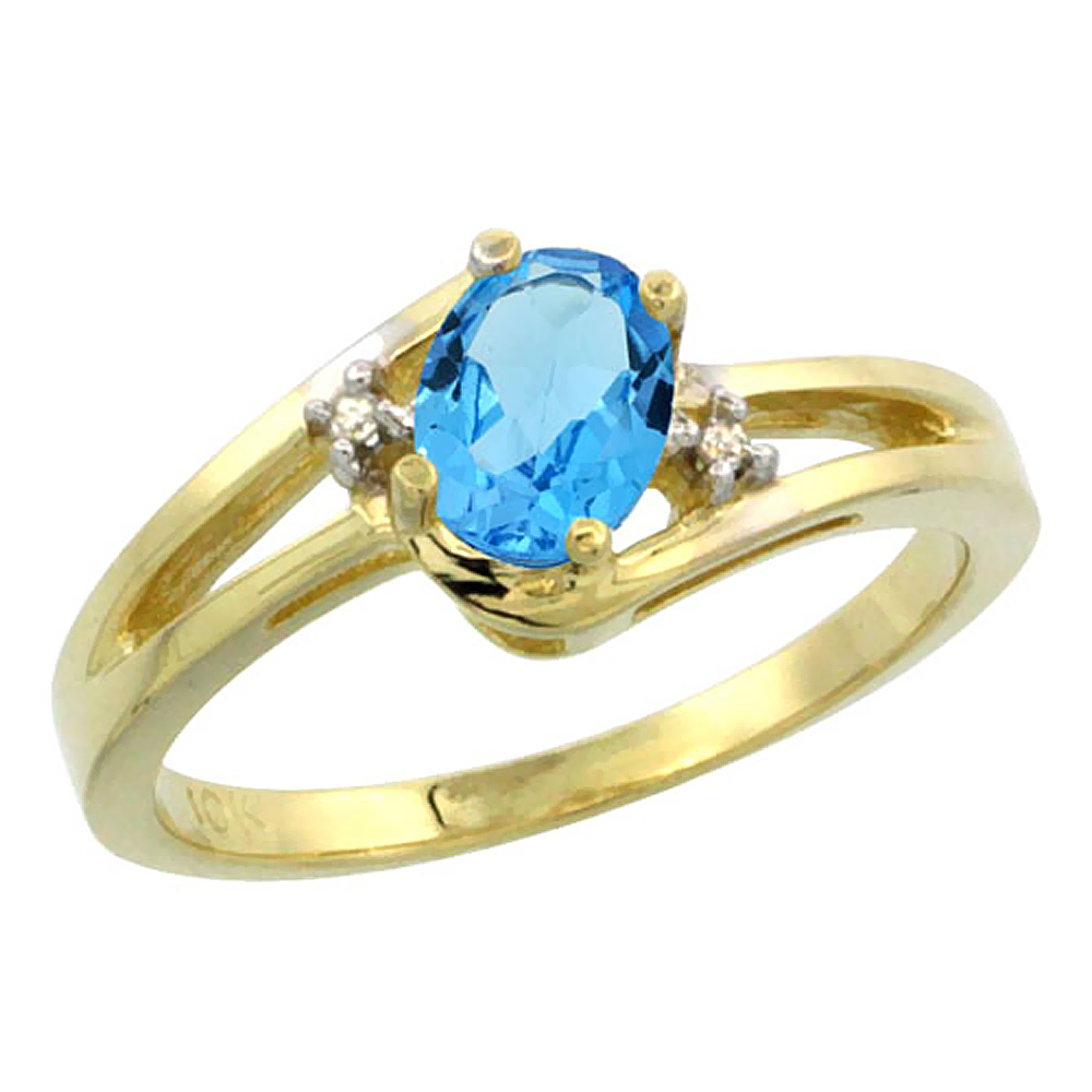 14K Yellow Gold Diamond Natural Swiss Blue Topaz Ring Oval 6x4 mm, sizes 5-10